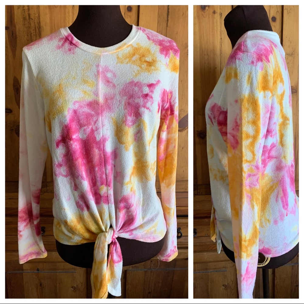 Tie Dye Ice Dye Knot Front Pink Gold Shirt Top S